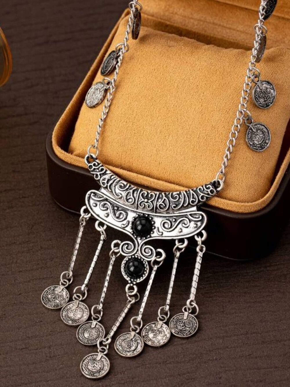 075 Bohemian Vintage Long Tassel Pendant Necklace with Coin Charms